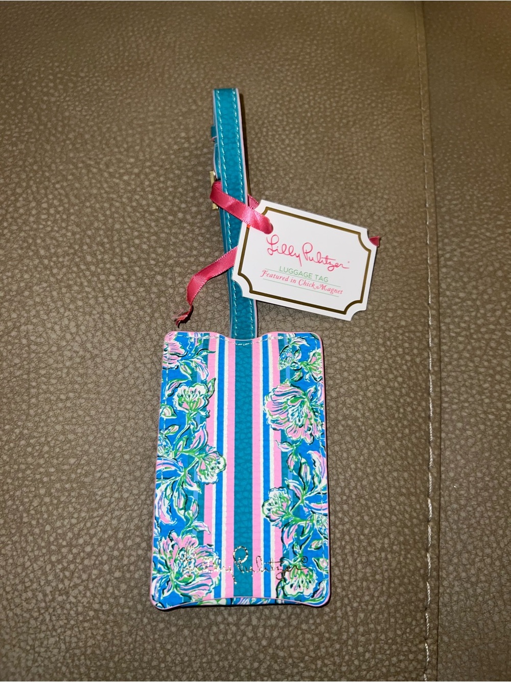 Lilly Pulitzer Blue, Pink & Green Floral Stripe Luggage ID Tag with Strap